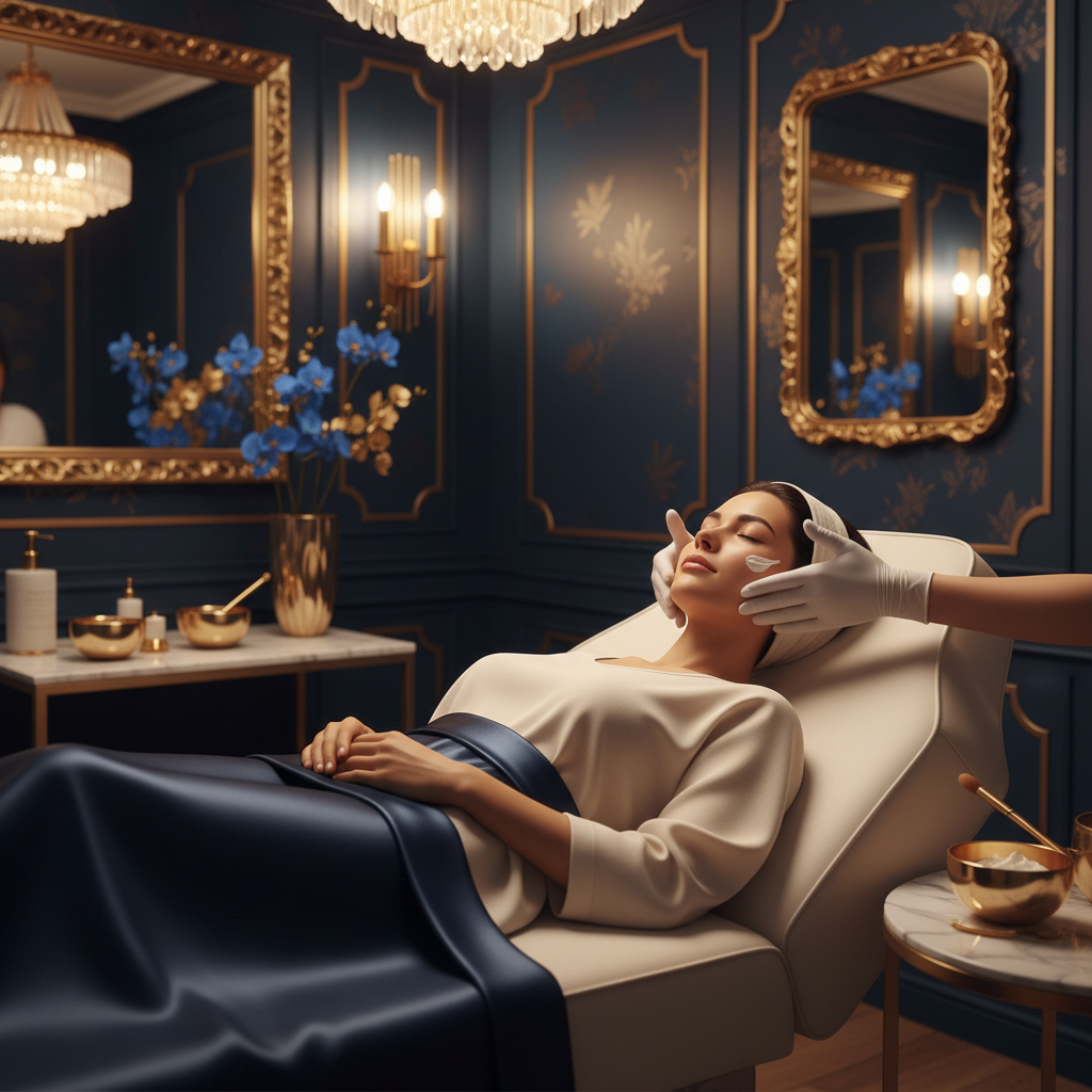 Luxury facial skincare treatment, elegant spa setting with navy and gold tones, serene woman receiving facial care, soft warm lighting
