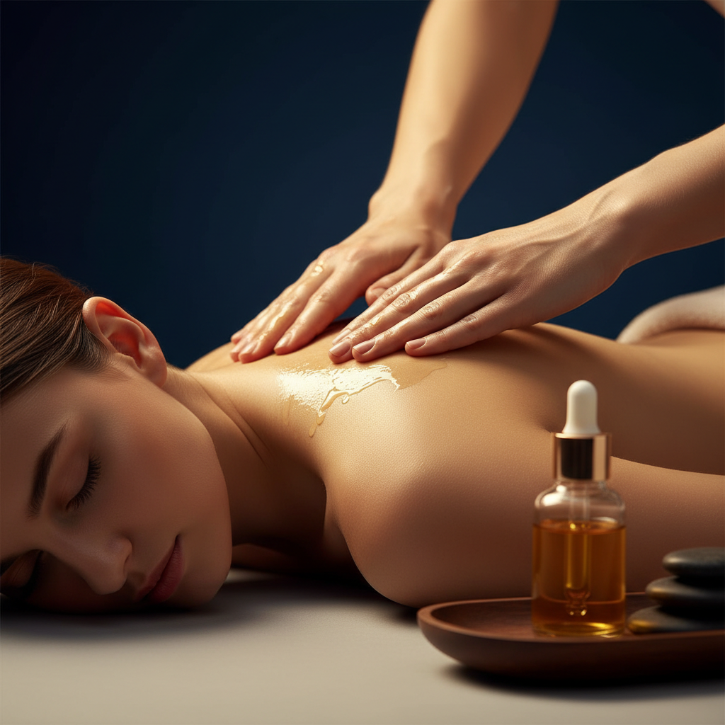 Serene spa massage treatment, hands massaging with essential oils, warm golden light against dark navy background, luxury wellness, minimalist elegant