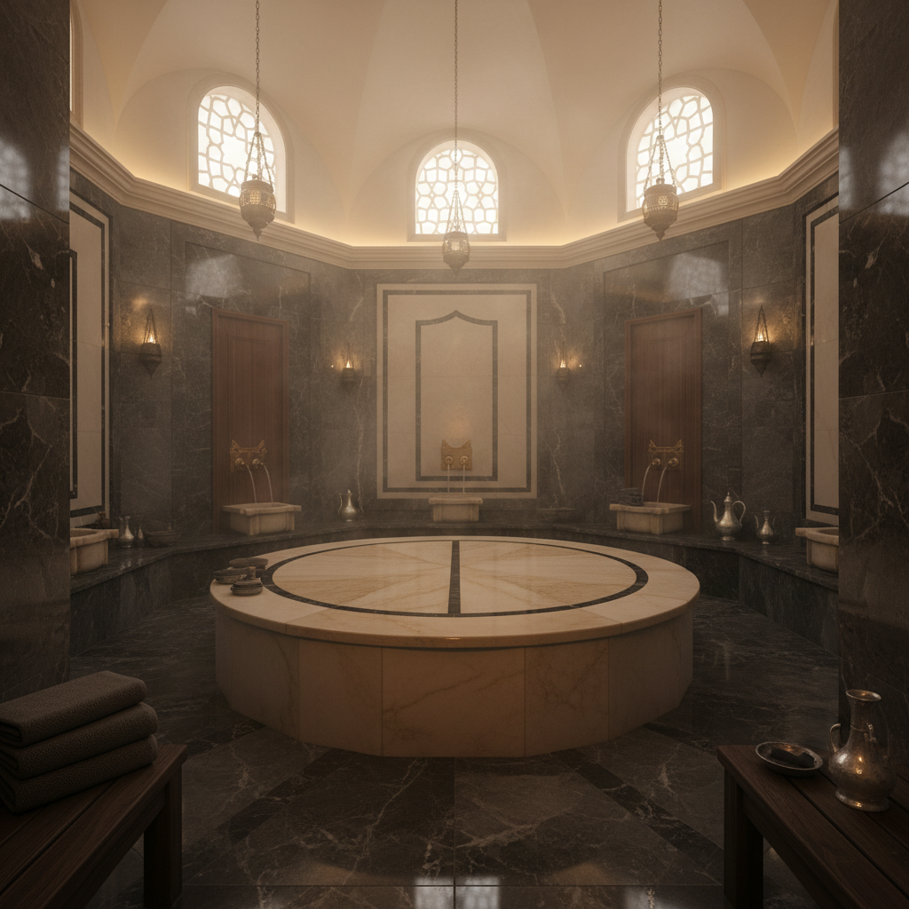 Traditional Turkish hammam interior, marble stone, soft steam, warm golden light, dark elegant tones, luxury spa