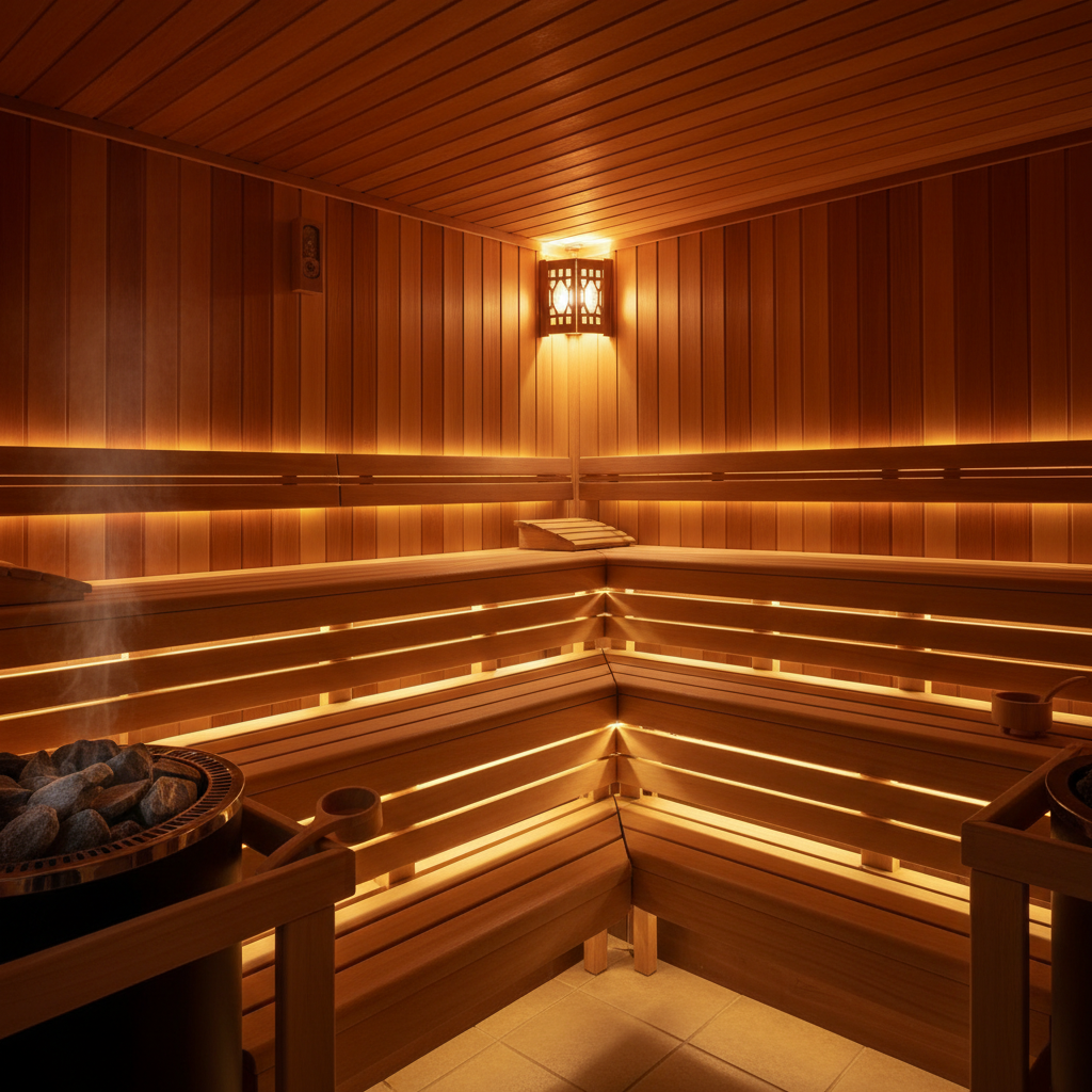Warm wooden sauna interior with soft golden lighting against dark ambiance, luxury spa wellness, serene and inviting