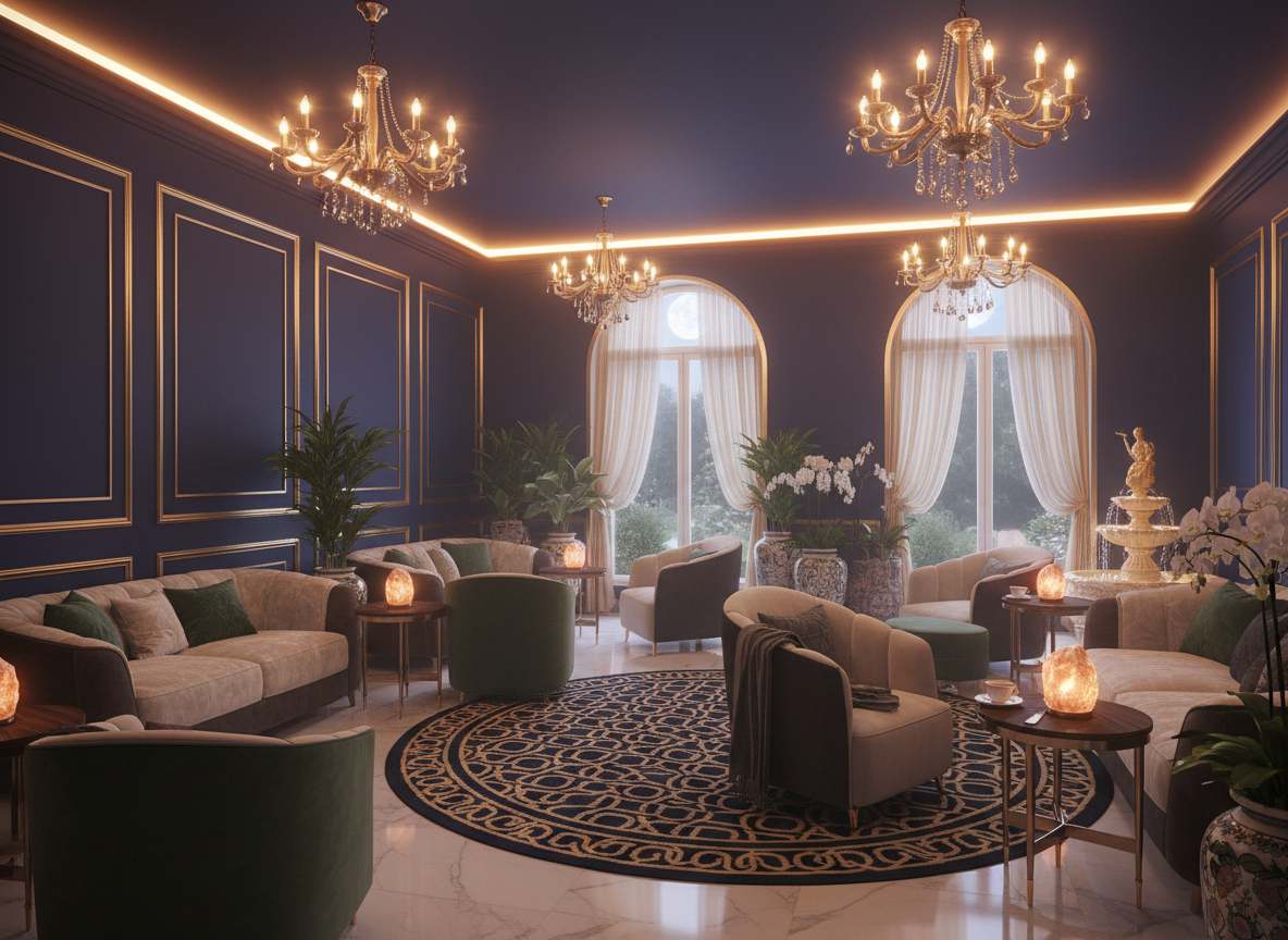 Elegant spa relaxation lounge with deep navy walls and gold accents, plush seating, warm ambient lighting, tranquil sophisticated interior, luxury wellness center