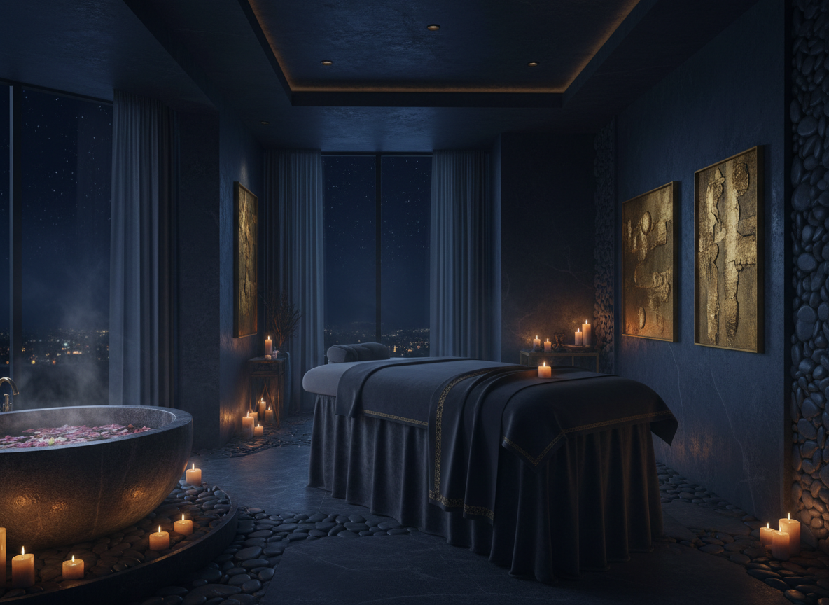 Luxurious dark spa interior at night, deep navy blue tones with warm golden candlelight, serene minimalist ambiance, softly lit stone massage room, elegant and tranquil atmosphere, high-end wellness retreat, cinematic moody lighting